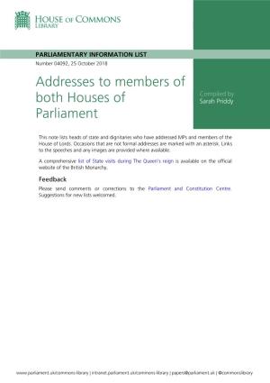 Addresses to Members of Both Houses of Parliament