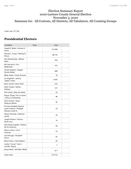 Presidential Electors Election Summary Report 2020 Larimer County General Election November 3, 2020 Summary For: All Contests