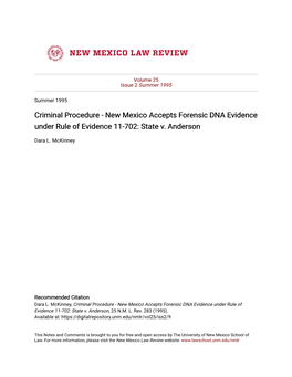 Criminal Procedure - New Mexico Accepts Forensic DNA Evidence Under Rule of Evidence 11-702: State V