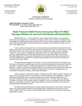 State Treasurer Beth Pearce Announces New VT-ABLE Savings Initiative for Vermont Individuals with Disabilities