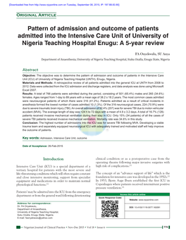 Pattern of Admission and Outcome of Patients Admitted Into the Intensive Care Unit of University of Nigeria Teaching Hospital Enugu: a 5‑Year Review