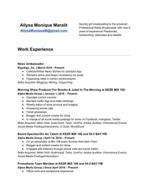Allysa Monique Maralit Work Experience