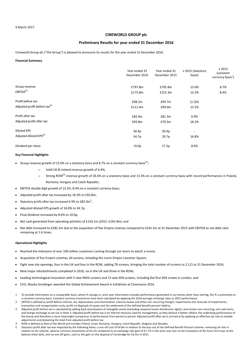 CINEWORLD GROUP Plc Preliminary Results for Year Ended 31 December 2016