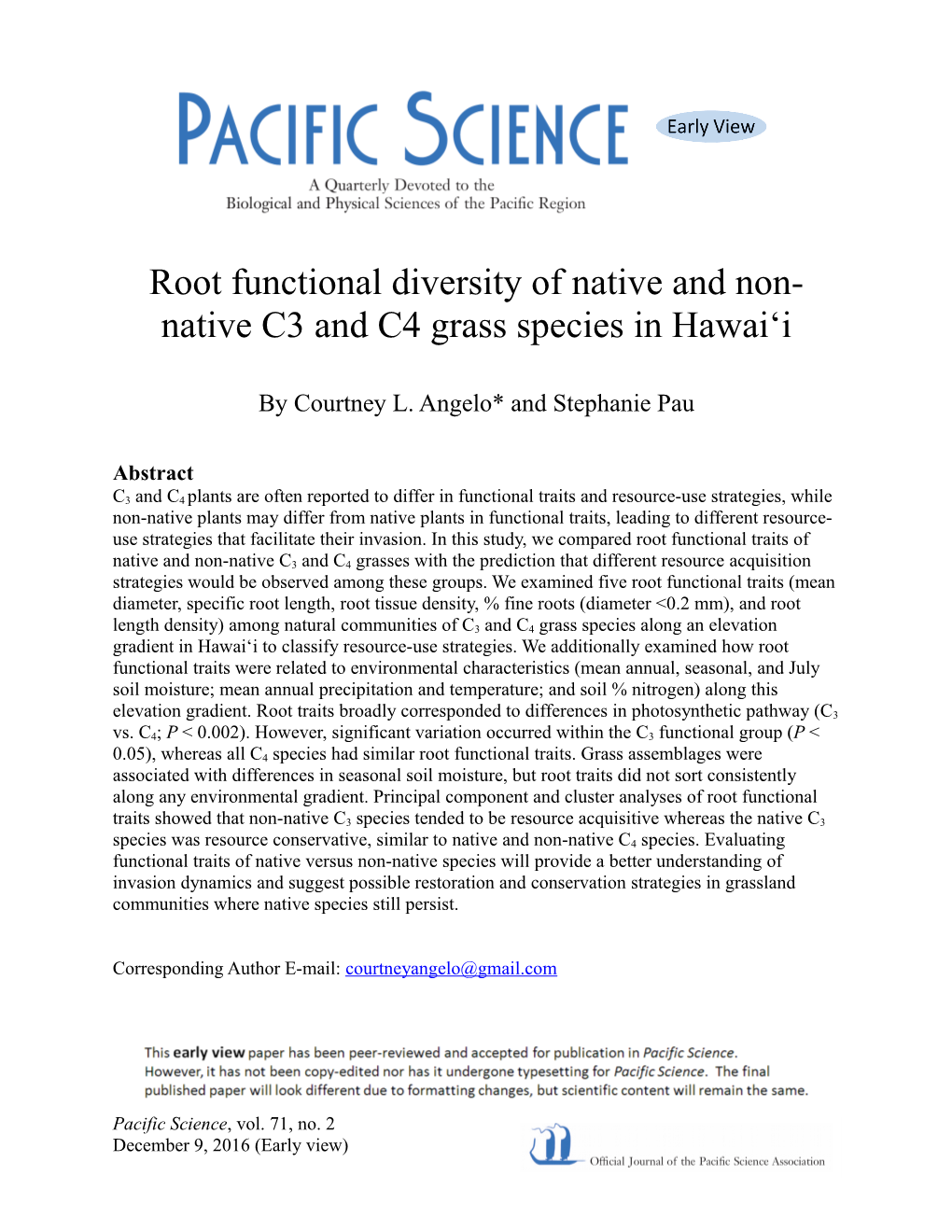 Root Functional Diversity of Native and Non- Native C3 and C4 Grass Species in Hawai'i