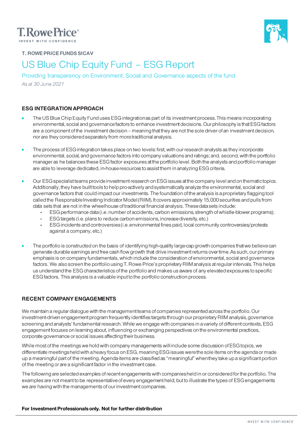 US Blue Chip Equity Fund – ESG Report Providing Transparency on Environment, Social and Governance Aspects of the Fund As at 30 June 2021
