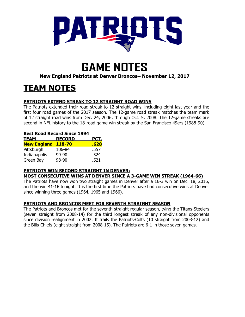 GAME NOTES New England Patriots at Denver Broncos– November 12, 2017