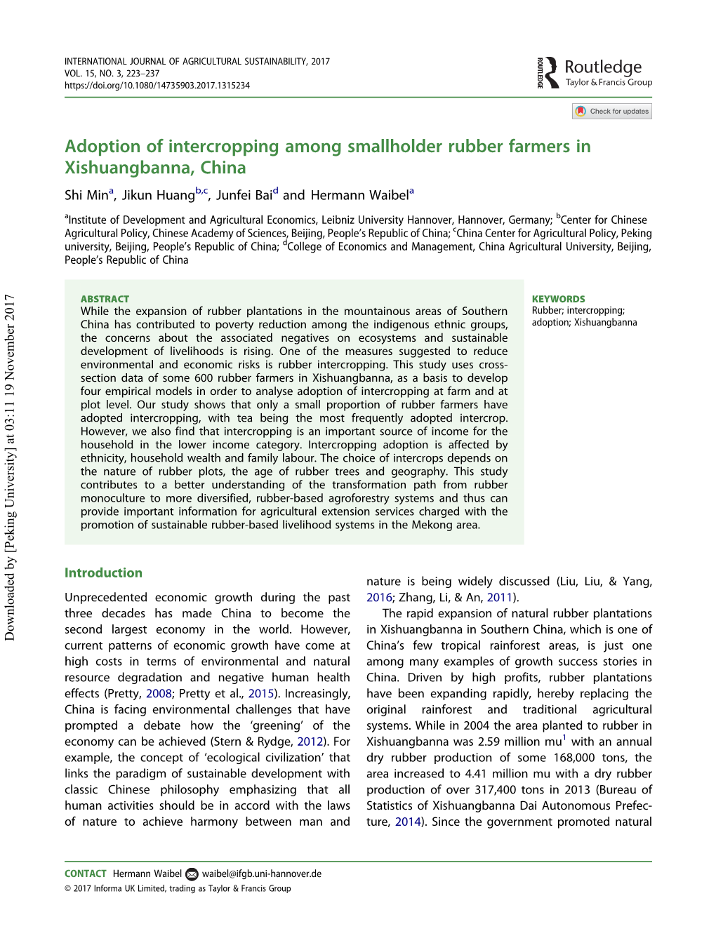 Adoption of Intercropping Among Smallholder Rubber Farmers In