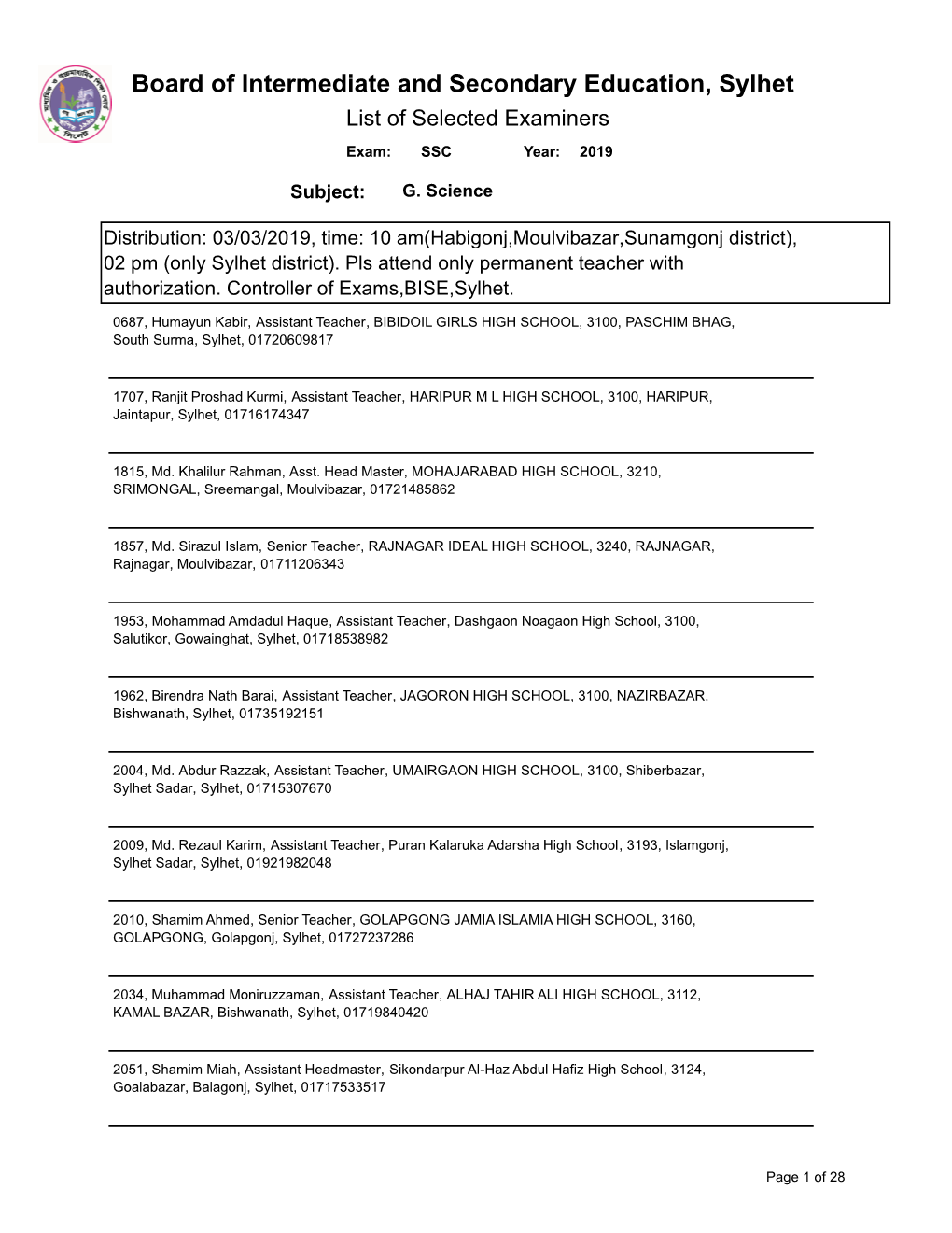 Board of Intermediate and Secondary Education, Sylhet List of Selected Examiners Exam: SSC Year: 2019