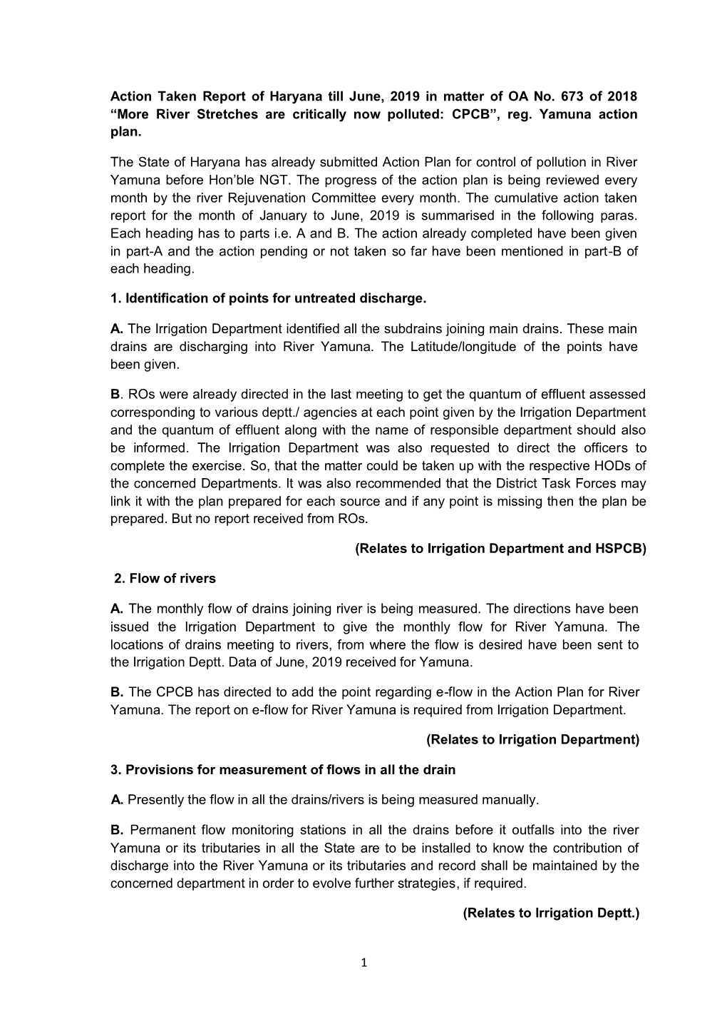 1 Action Taken Report of Haryana Till June, 2019 in Matter of OA No. 673 of 2018 “More River Stretches Are Critically Now Poll