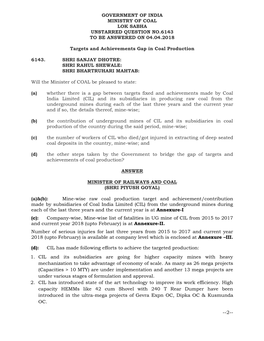 Government of India Ministry of Coal Lok Sabha Unstarred Question No.6143 to Be Answered on 04.04.2018