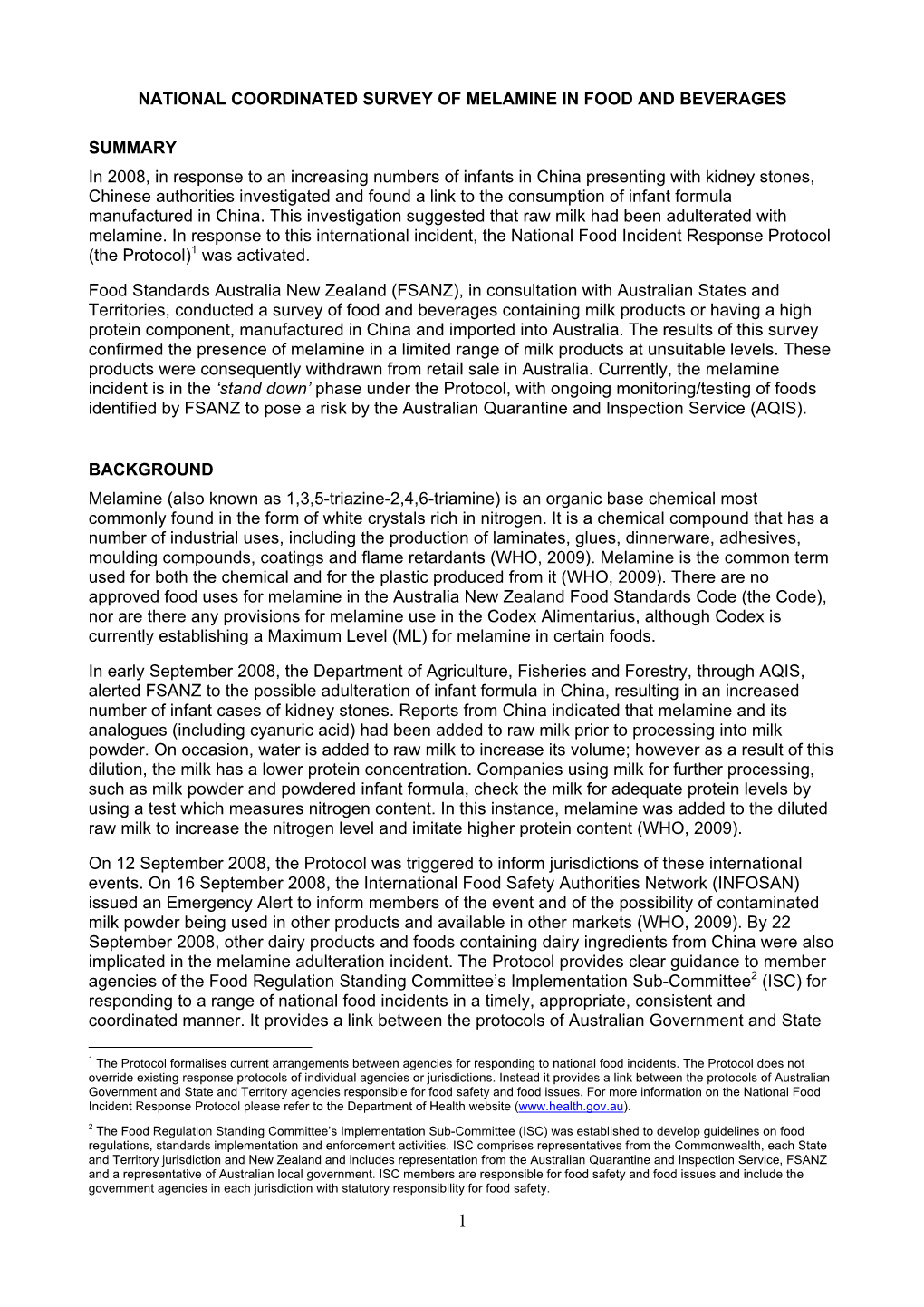 National Coordinated Survey of Melamine in Food and Beverages