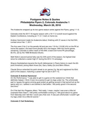 Postgame Notes & Quotes Philadelphia Flyers 2, Colorado