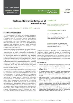 Health and Environmental Impact of Nanotechnology