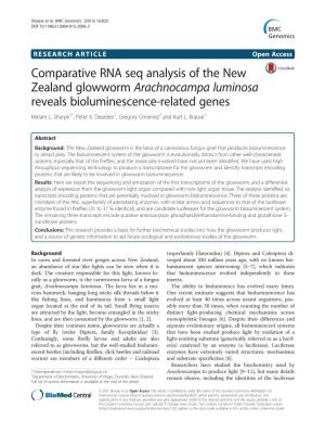 Comparative RNA Seq Analysis of the New Zealand Glowworm Arachnocampa Luminosa Reveals Bioluminescence-Related Genes Miriam L