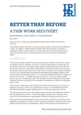 Better Than Before a Fair Work Recovery