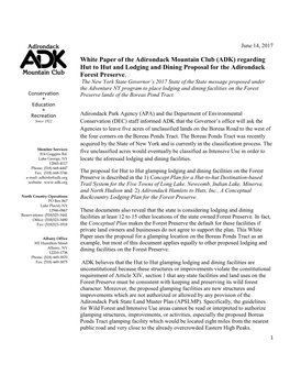 White Paper of the Adirondack Mountain Club (ADK) Regarding Hut to Hut and Lodging and Dining Proposal for the Adirondack Forest Preserve
