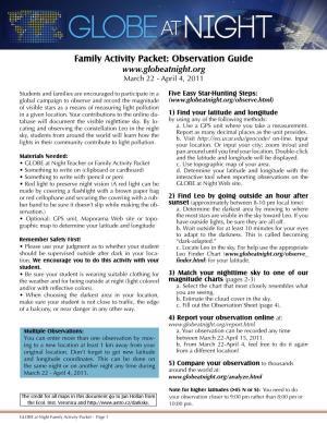 Family Activity Packet: Observation Guide March 22 - April 4, 2011