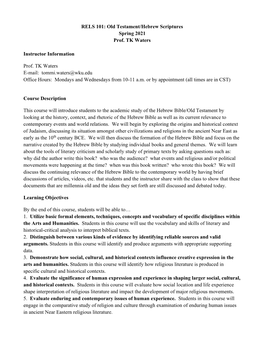 RELS 101: Old Testament/Hebrew Scriptures Spring 2021 Prof