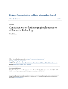 Considerations on the Emerging Implementation of Biometric Technology Robin Feldman