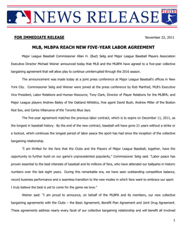 Mlb, Mlbpa Reach New Five-Year Labor Agreement