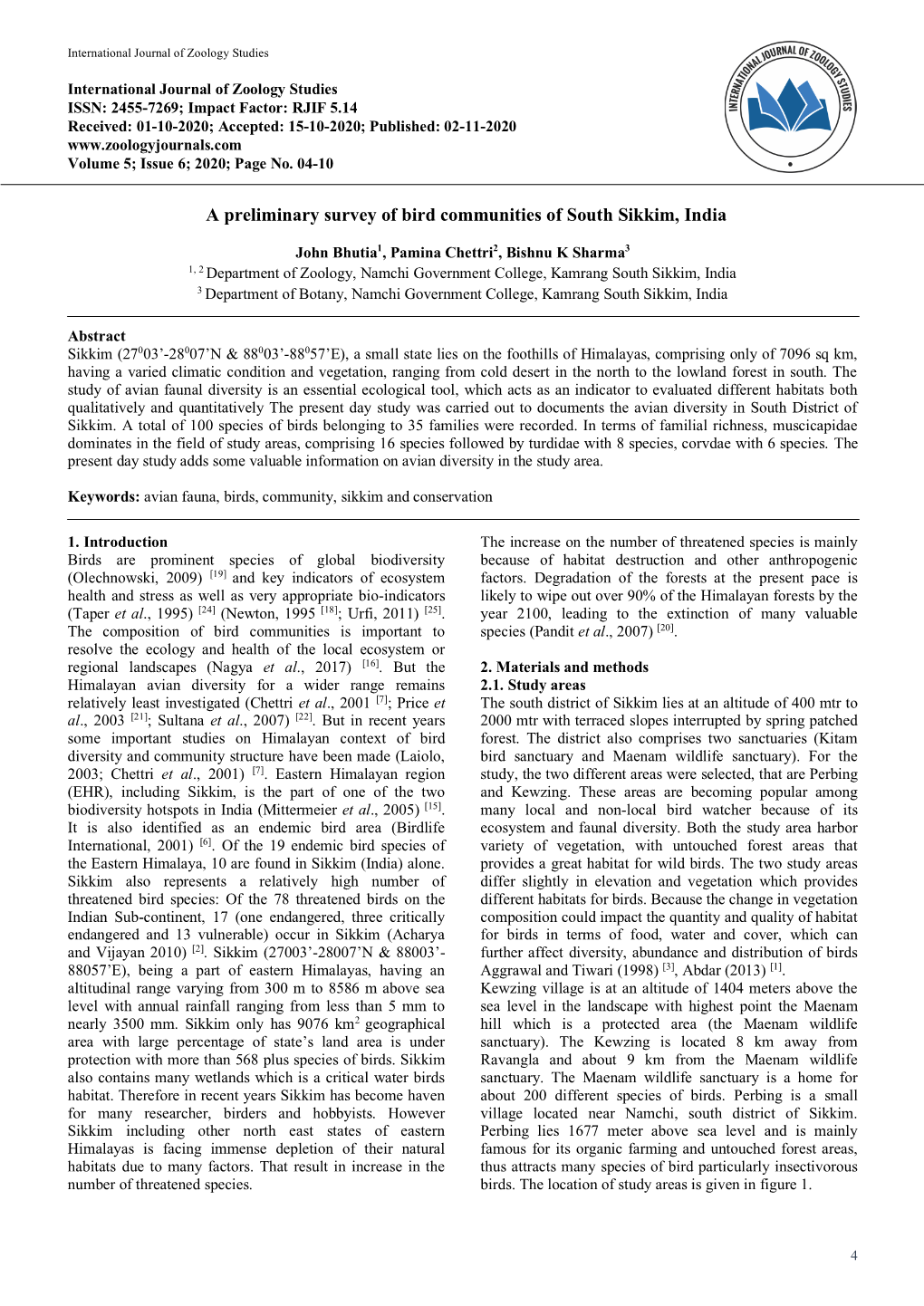 A Preliminary Survey of Bird Communities of South Sikkim, India