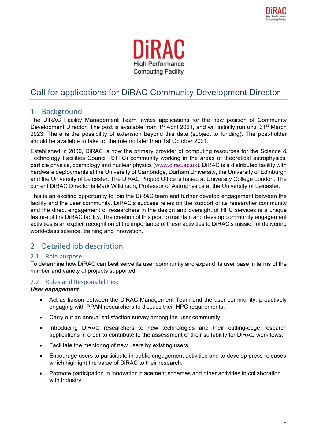 Call for Applications for Dirac Community Development Director 1