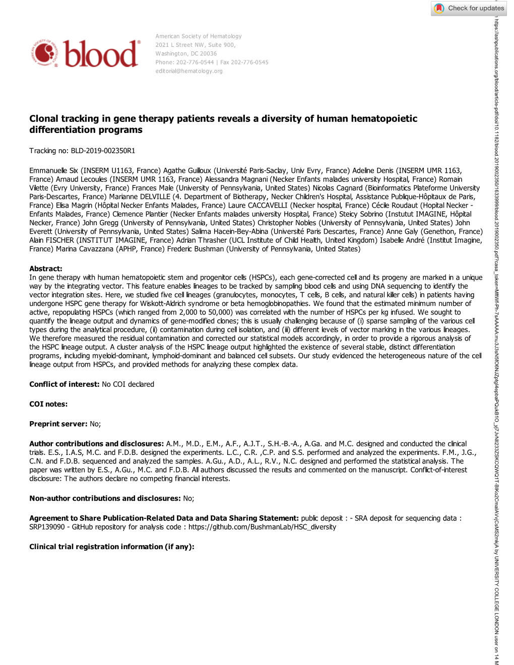 Clonal Tracking in Gene Therapy Patients Reveals a Diversity of Human Hematopoietic Differentiation Programs