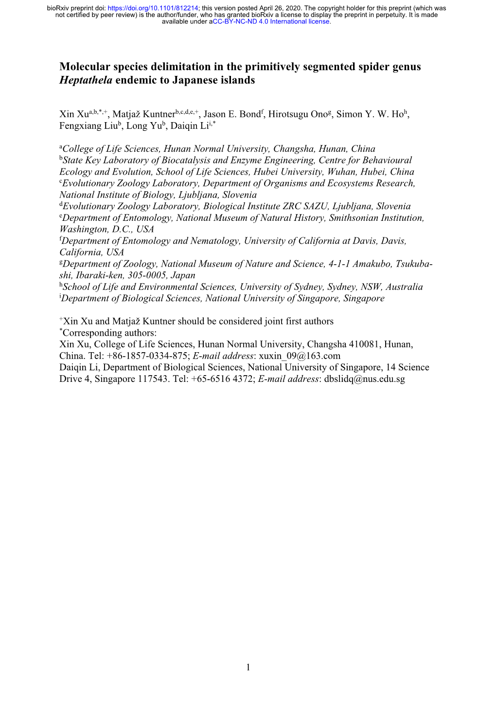 Molecular Species Delimitation in the Primitively Segmented Spider Genus Heptathela Endemic to Japanese Islands