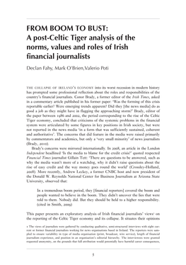 FROM BOOM to BUST: a Post-Celtic Tiger Analysis of the Norms, Values and Roles of Irish Financial Journalists