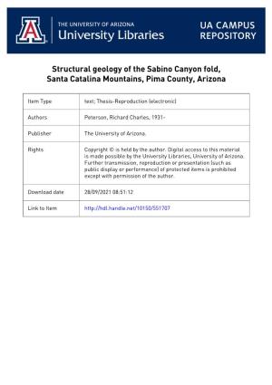 Structural Geology of the Sabino Canyon Fold, Santa Catalina Mountains, Pima County, Arizona