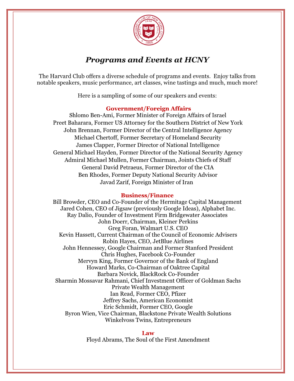 Programs and Events at HCNY