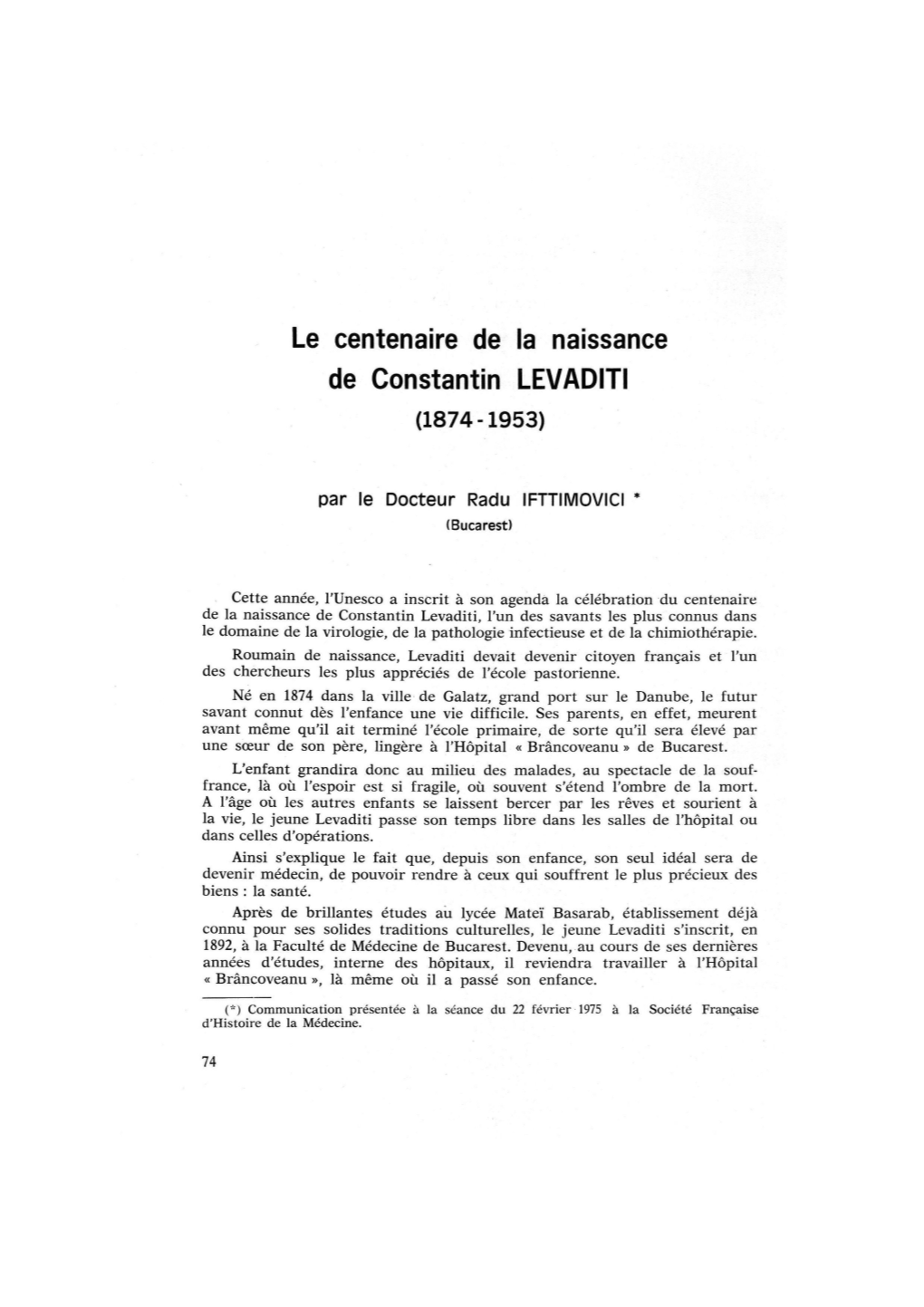 Le Centenaire De La Naissance De Constantin LEVADITI (1874-1953)