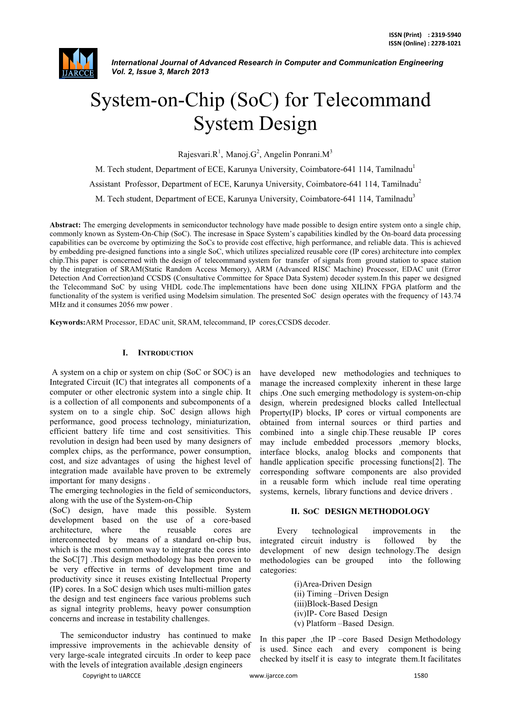 System-On-Chip (Soc) for Telecommand System Design