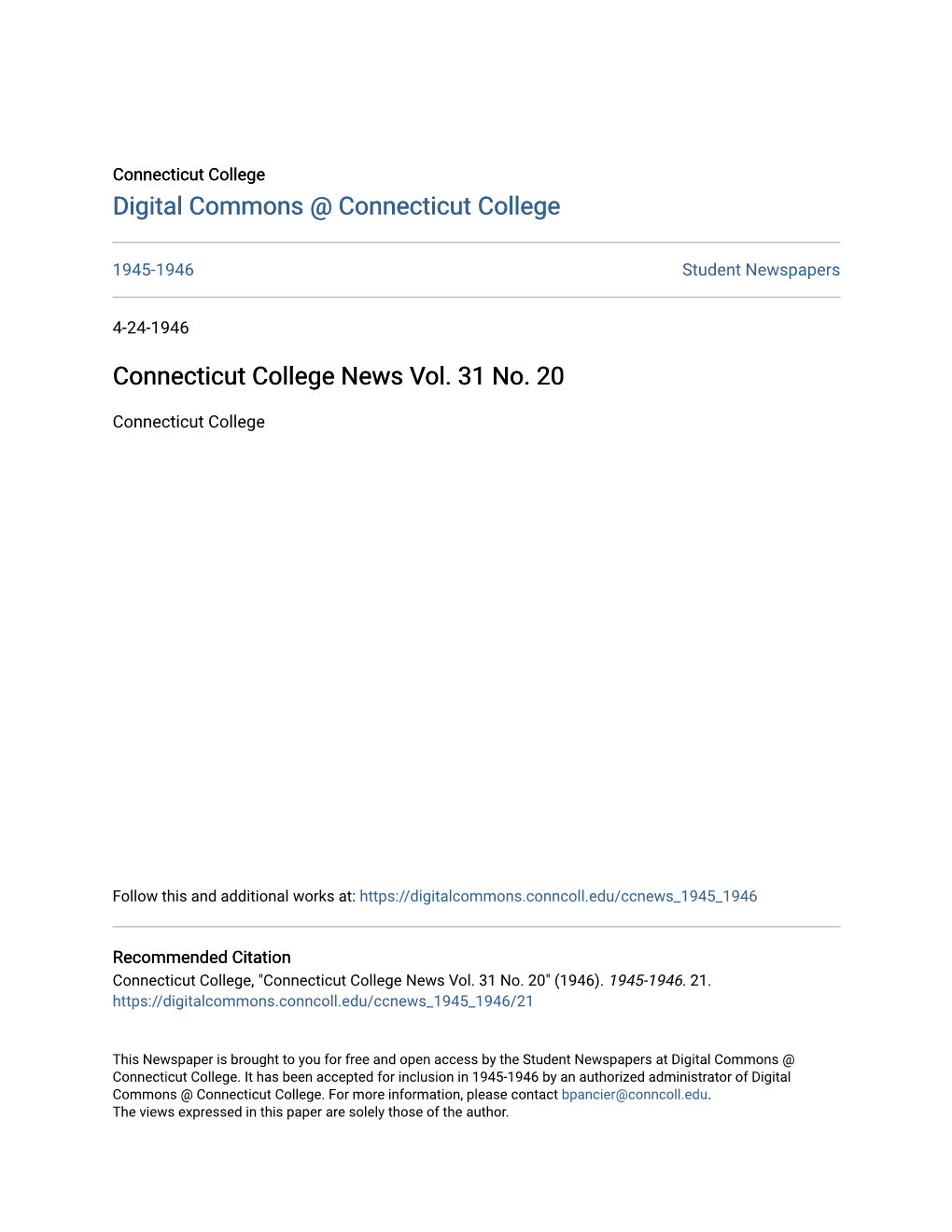 Connecticut College News Vol. 31 No. 20