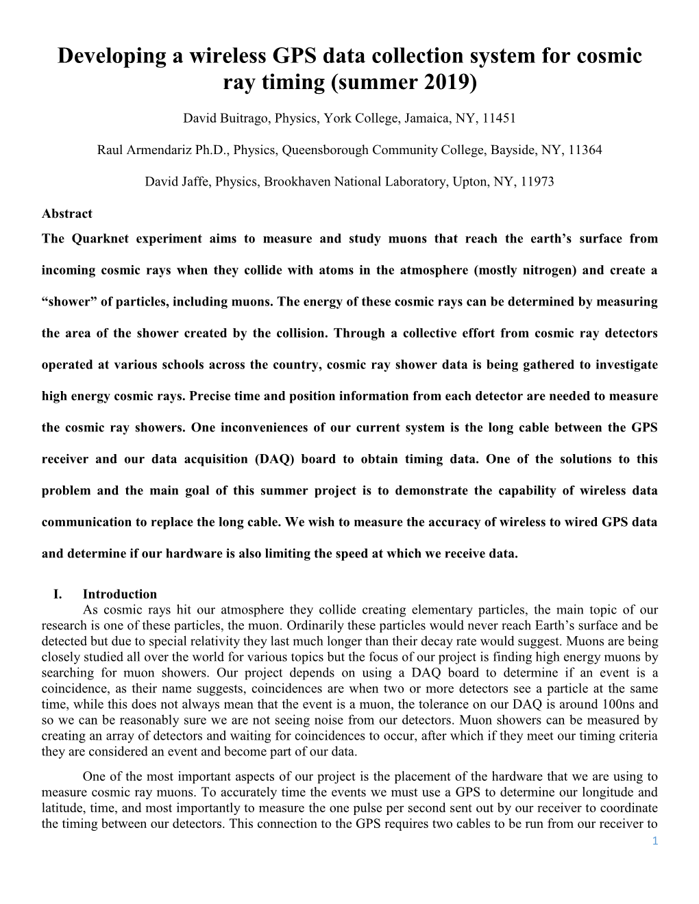 Developing a Wireless GPS Data Collection System for Cosmic Ray Timing (Summer 2019)