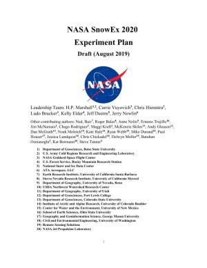 NASA Snowex 2020 Experiment Plan