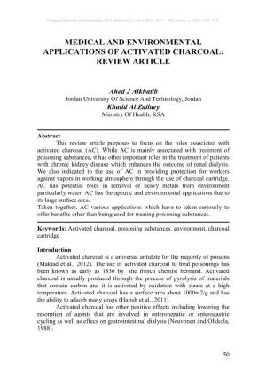 Medical and Environmental Applications of Activated Charcoal: Review Article