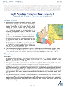 North American Tungsten Corporation Ltd. Request for Offers of Purchase Or Investment