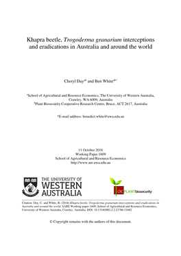 Khapra Beetle, Trogoderma Granarium Interceptions and Eradications in Australia and Around the World