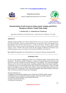 Interpretation of Soil Resources Using Remote Sensing and GIS in Thanjavur District, Tamil Nadu, India
