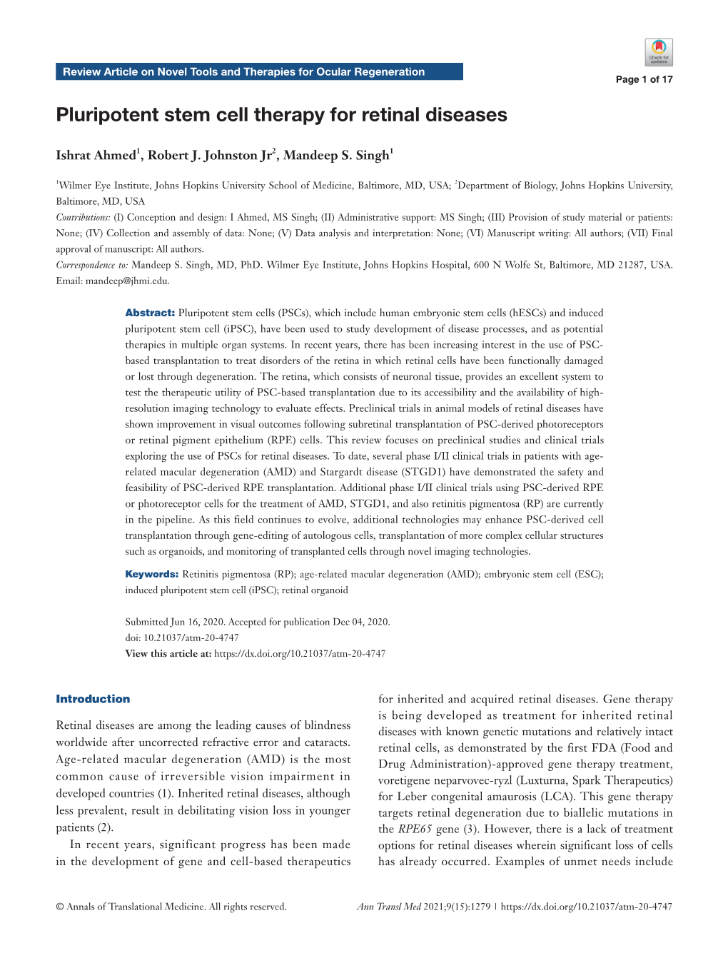 Pluripotent Stem Cell Therapy for Retinal Diseases