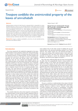 Tinospora Cordifolia: the Antimicrobial Property of the Leaves of Amruthaballi