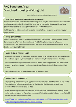 FAQ Southern Area Combined Housing Waiting List