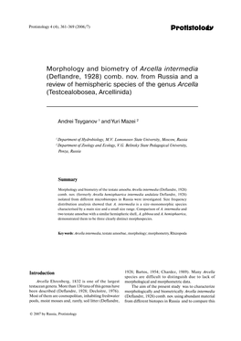 Protistology Morphology and Biometry of Arcella Intermedia (Deflandre