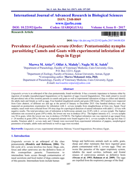 Prevalence of Linguatula Serrata (Order: Pentastomida) Nymphs Parasitizing Camels and Goats with Experimental Infestation of Dogs in Egypt