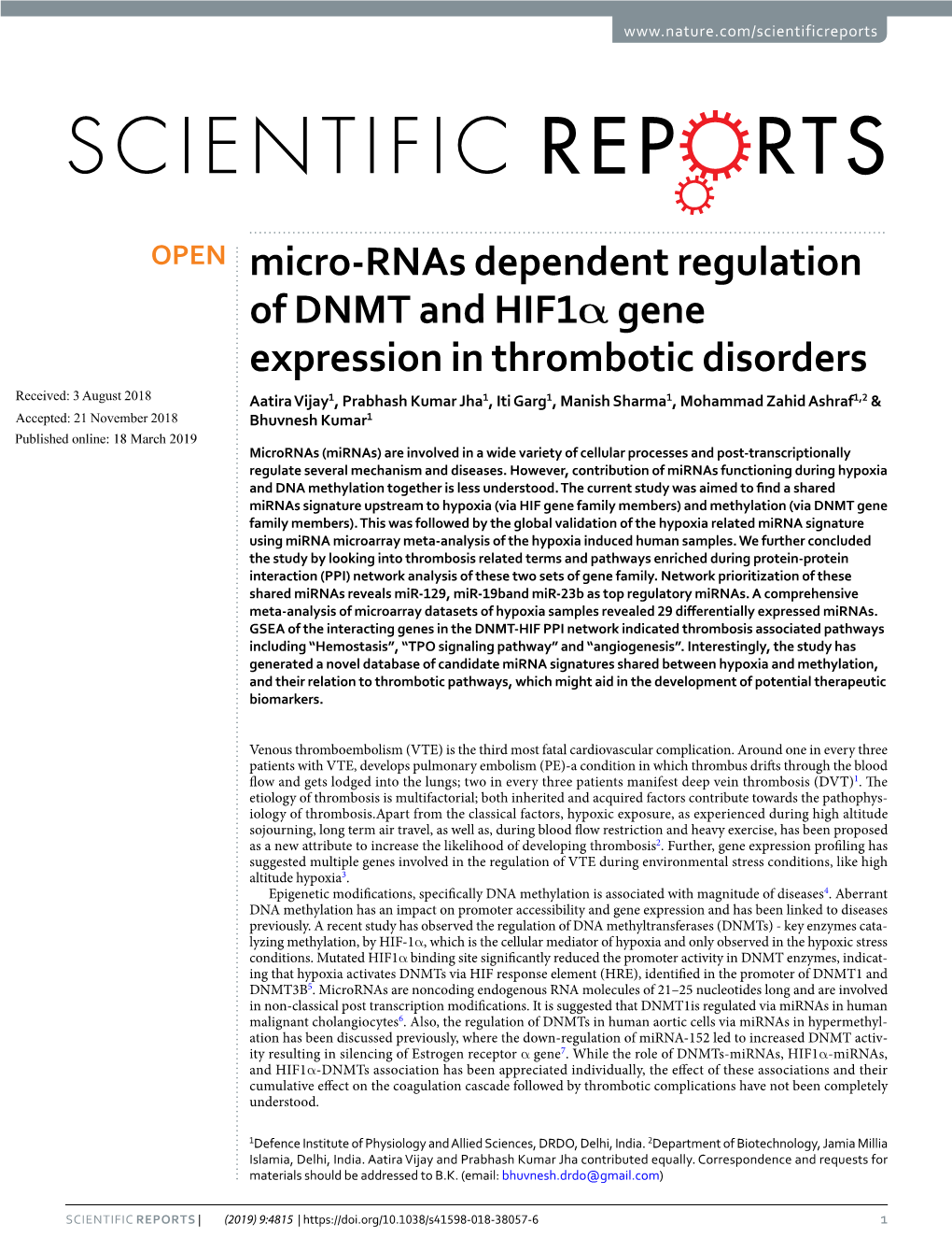 Micro-Rnas Dependent Regulation of DNMT and Hif1α Gene Expression