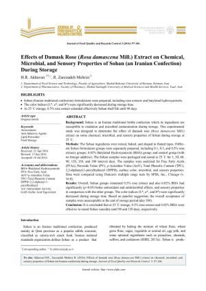 Effects of Damask Rose (Rosa Damascena Mill.) Extract on Chemical, Microbial, and Sensory Properties of Sohan (An Iranian Confection) During Storage H.R