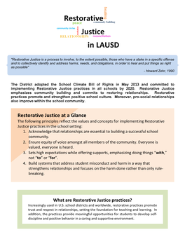 Restorative Justice at a Glance the Following Principles Reflect the Values and Concepts for Implementing Restorative Justice Practices in the School Setting