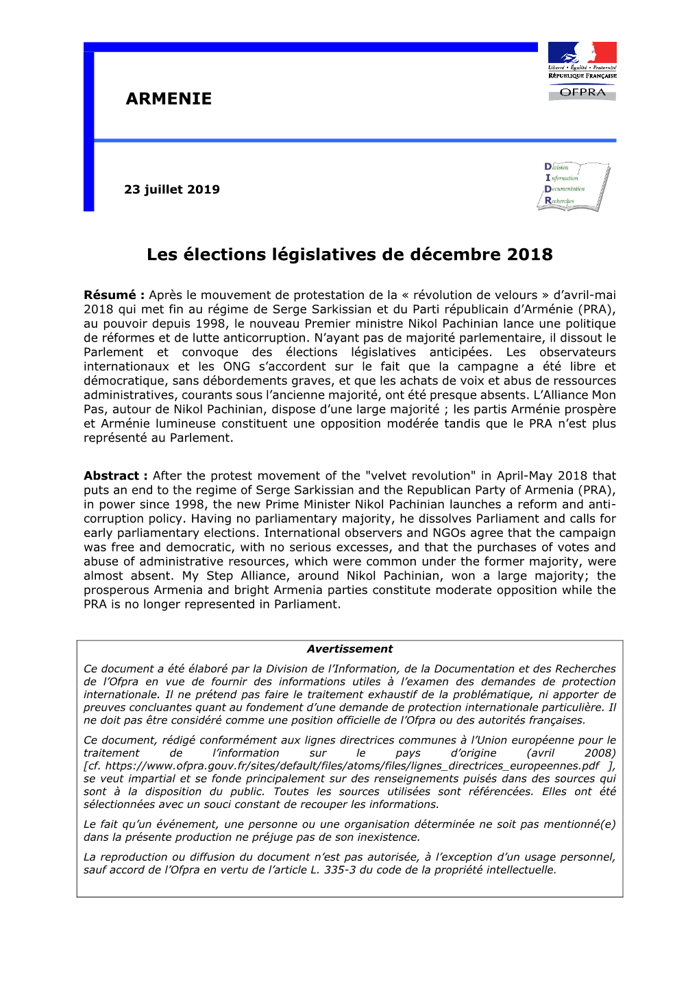 Les Élections Législatives De Décembre 2018 ARMENIE