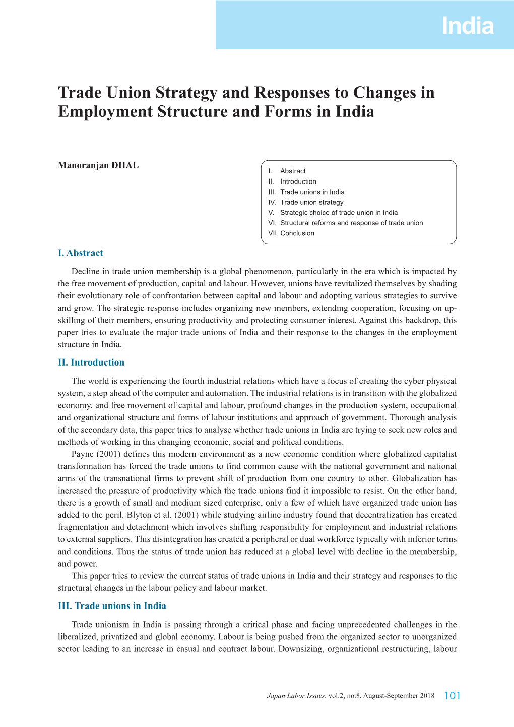 Trade Union Strategy and Responses to Changes in Employment Structure and Forms in India